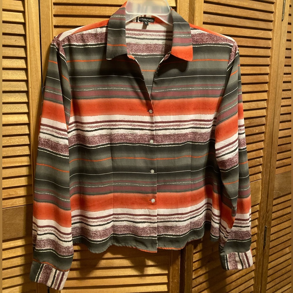 Piano Grey, Coral, Cream & Brown Striped Button Down Blouse